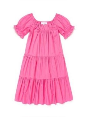 BURU Pink Tiered Short Puff Sleeve Short Cotton Dress LARGE with pockets